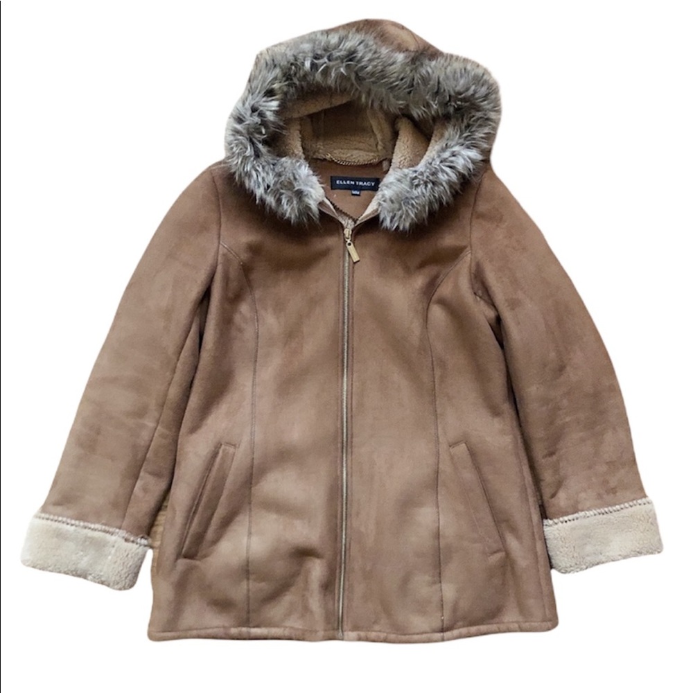Ellen Tracy Tan Faux Fur Teddy Bear Shearling Jacket
